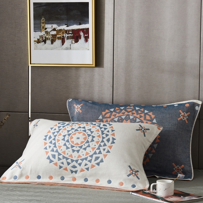 91家纺网 家纺一手货源 找家纺 朴尔家纺-毛巾被 2026新款波西米亚风全棉四层纱布枕巾 特洛伊蓝