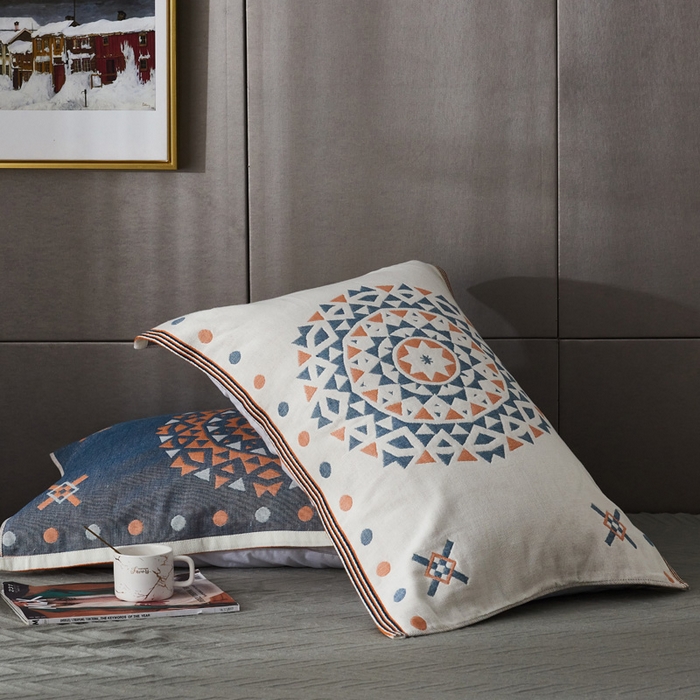 91家纺网 家纺一手货源 找家纺 朴尔家纺-毛巾被 2026新款波西米亚风全棉四层纱布枕巾 特洛伊蓝