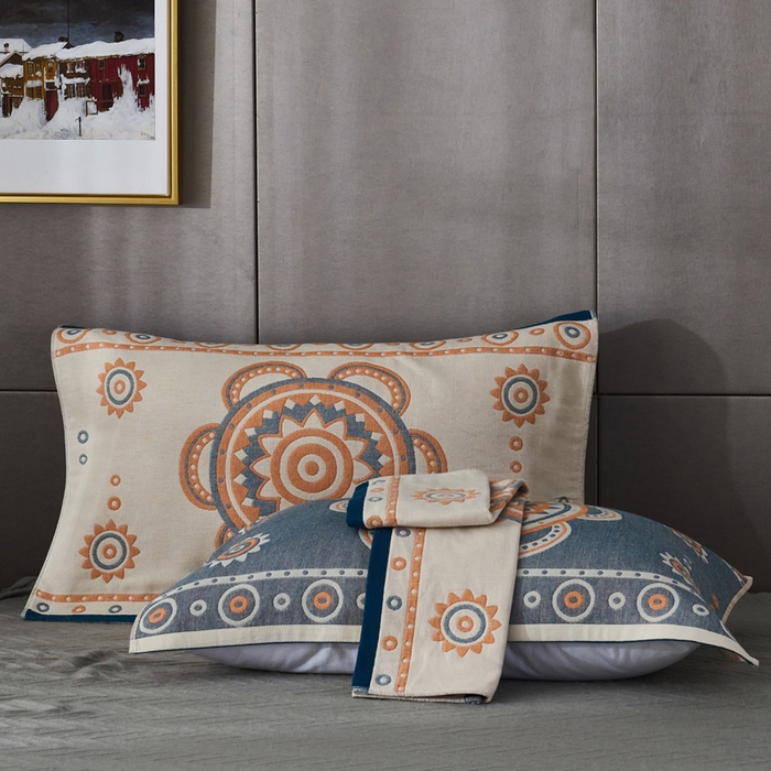 91家纺网 家纺一手货源 找家纺 朴尔家纺-毛巾被 2026新款波西米亚风全棉四层纱布枕巾 小太阳蓝