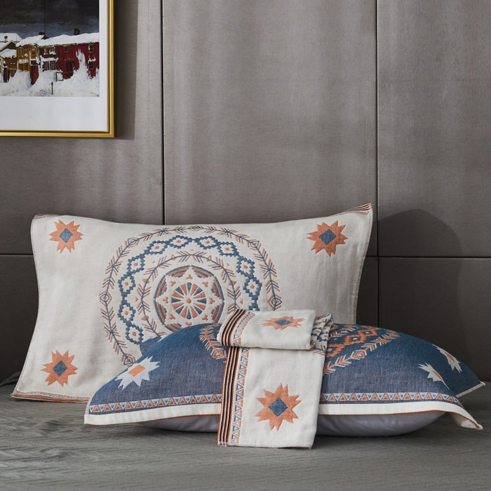 91家纺网 家纺一手货源 找家纺 朴尔家纺-毛巾被 2026新款波西米亚风全棉四层纱布枕巾 圆盘花