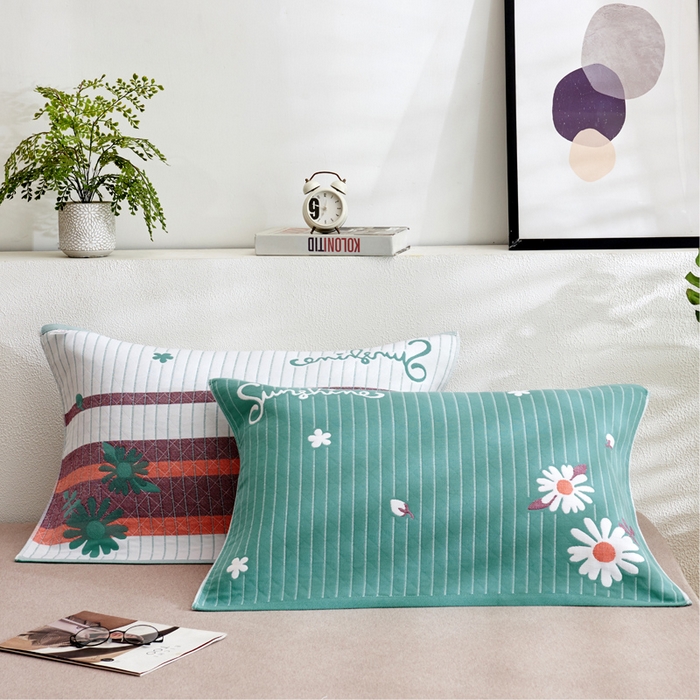 91家纺网 家纺一手货源 找家纺 朴尔家纺-毛巾被 2026新款三层纱布枕巾确认版 小野菊-绿