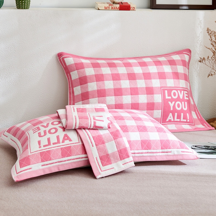 朴尔家纺-毛巾被 2026新款三层纱布枕巾确认版 爱情方格-粉