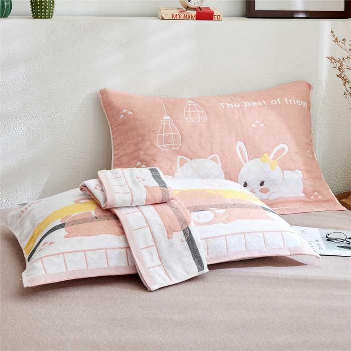 91家纺网 家纺一手货源 找家纺 朴尔家纺-毛巾被 2026新款三层纱布枕巾确认版 灯下萌宠-粉