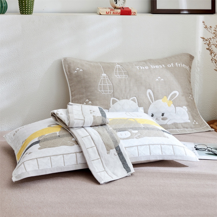 朴尔家纺-毛巾被 2026新款三层纱布枕巾确认版 灯下萌宠-灰