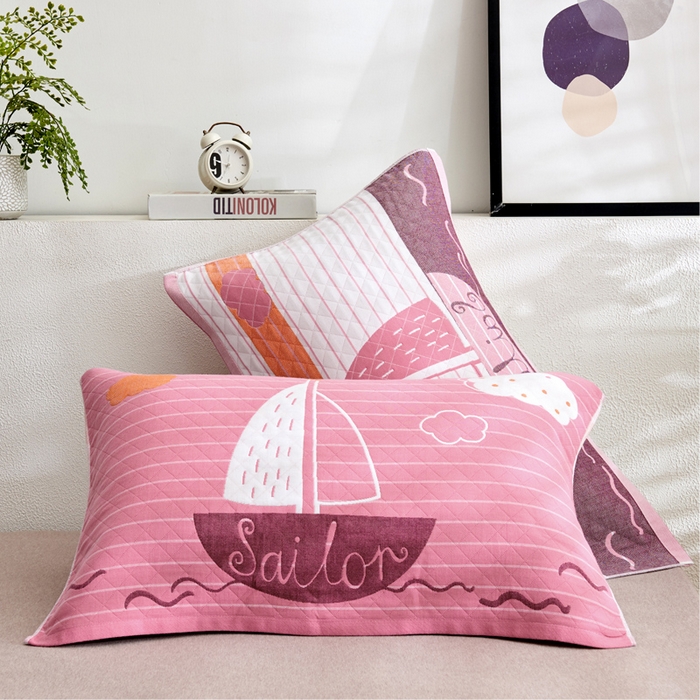 91家纺网 家纺一手货源 找家纺 朴尔家纺-毛巾被 2026新款三层纱布枕巾确认版 航行-粉