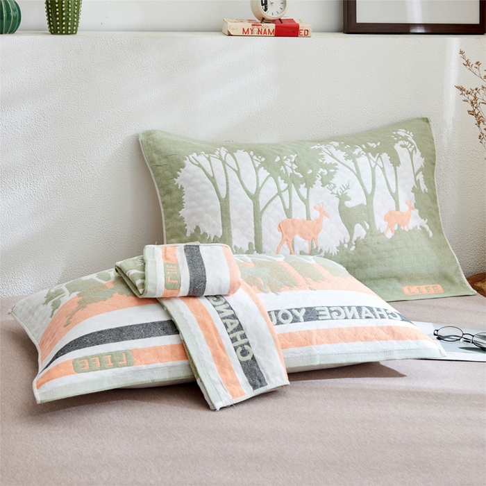 朴尔家纺-毛巾被 2026新款三层纱布枕巾确认版 仙林小鹿-绿