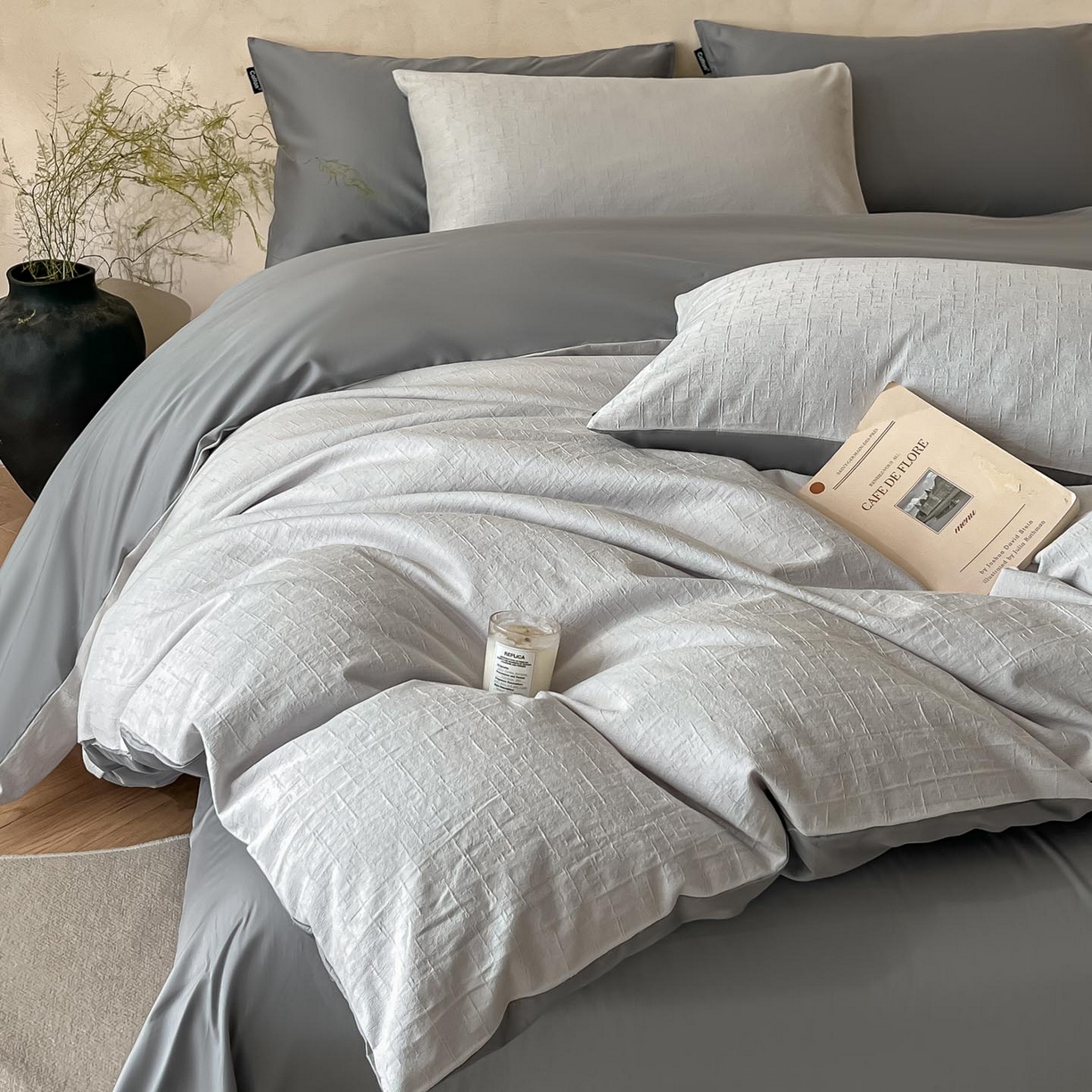 91家纺网 家纺一手货源 找家纺 涵宸家纺 2026新款全棉提花里拉系列四件套 凌维-灰