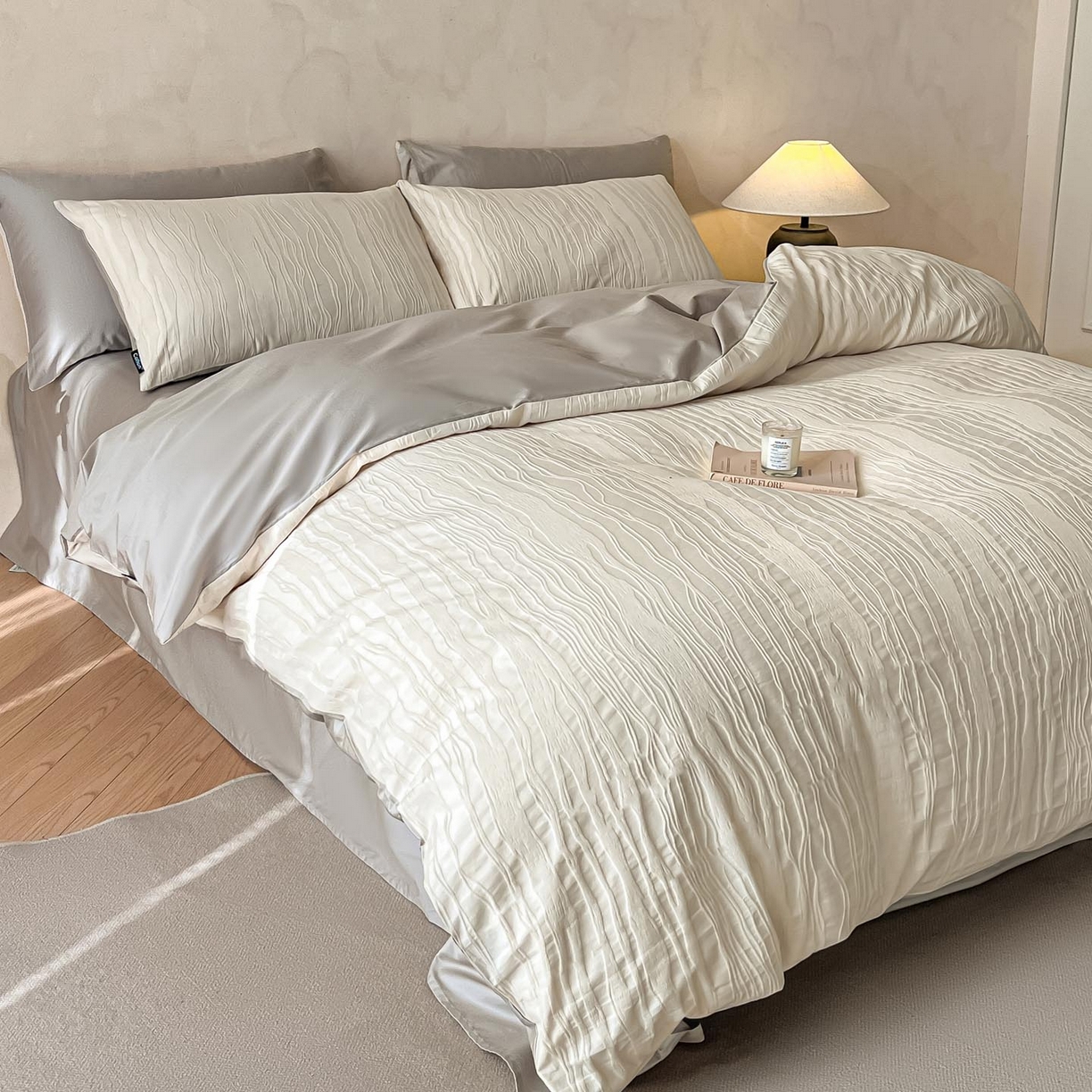 91家纺网 家纺一手货源 找家纺 涵宸家纺 2026新款全棉提花里拉系列四件套 律动格韵