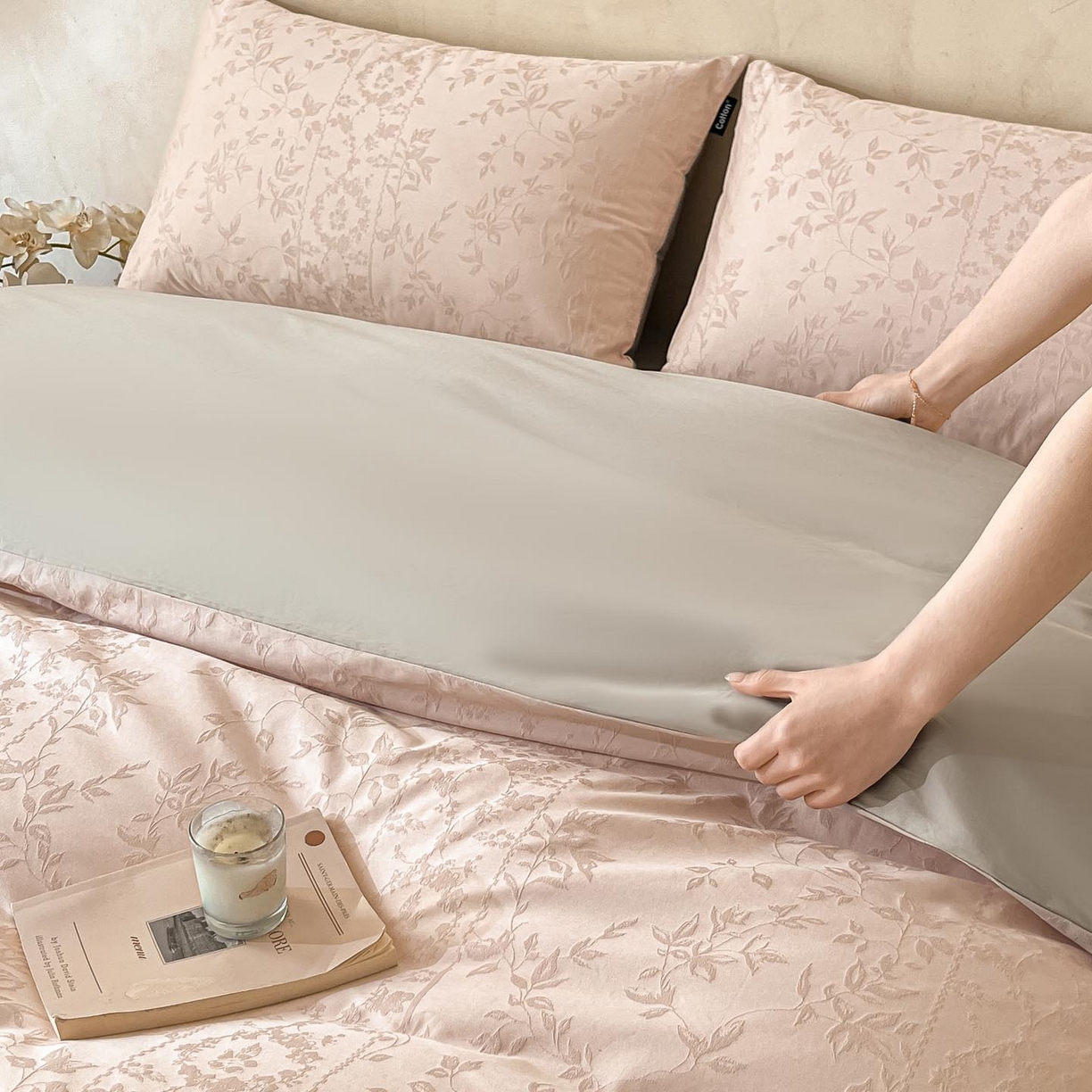 91家纺网 家纺一手货源 找家纺 涵宸家纺 2026新款全棉提花里拉系列四件套 沁语-粉金