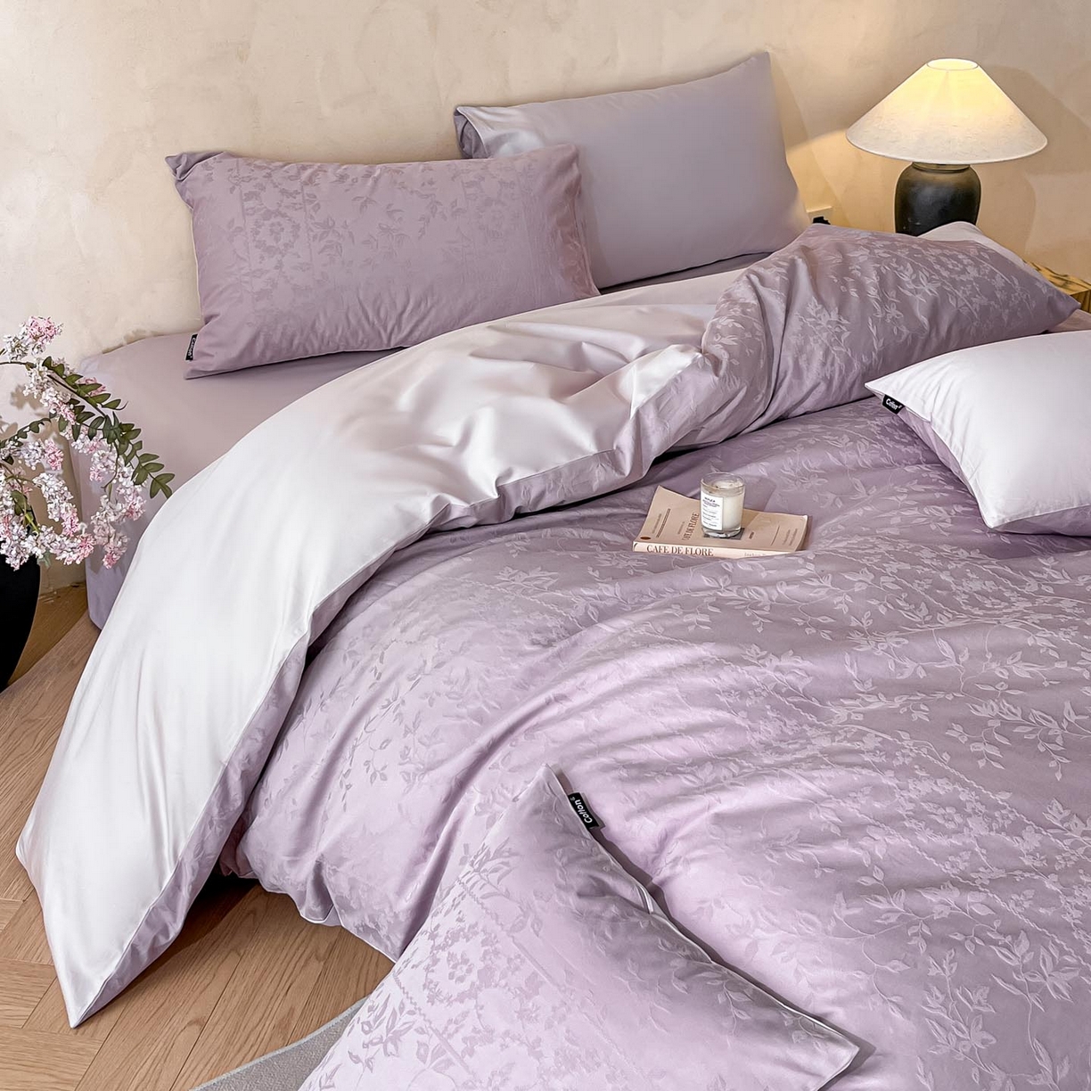 91家纺网 家纺一手货源 找家纺 涵宸家纺 2026新款全棉提花里拉系列四件套 沁语-紫