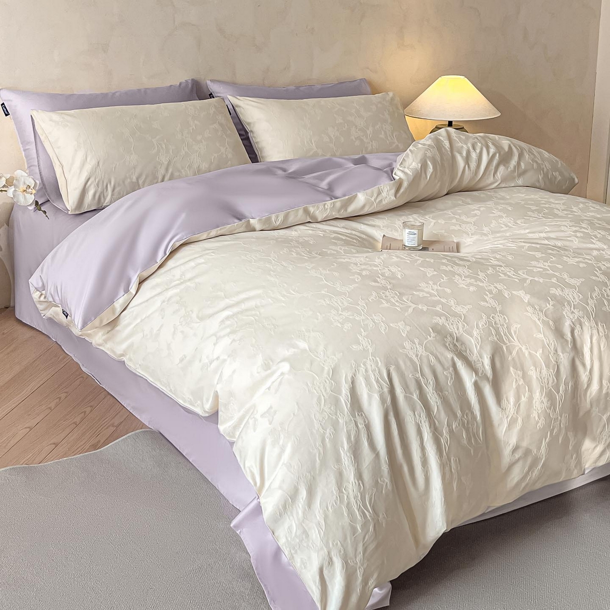 91家纺网 家纺一手货源 找家纺 涵宸家纺 2026新款全棉提花里拉系列四件套 毓影-奶白