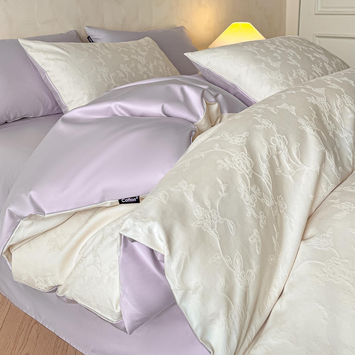 91家纺网 家纺一手货源 找家纺 涵宸家纺 2026新款全棉提花里拉系列四件套 毓影-奶白