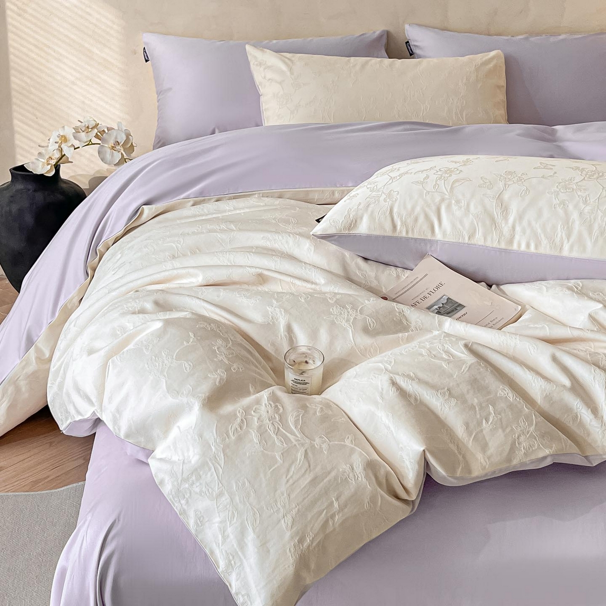 91家纺网 家纺一手货源 找家纺 涵宸家纺 2026新款全棉提花里拉系列四件套 毓影-奶白