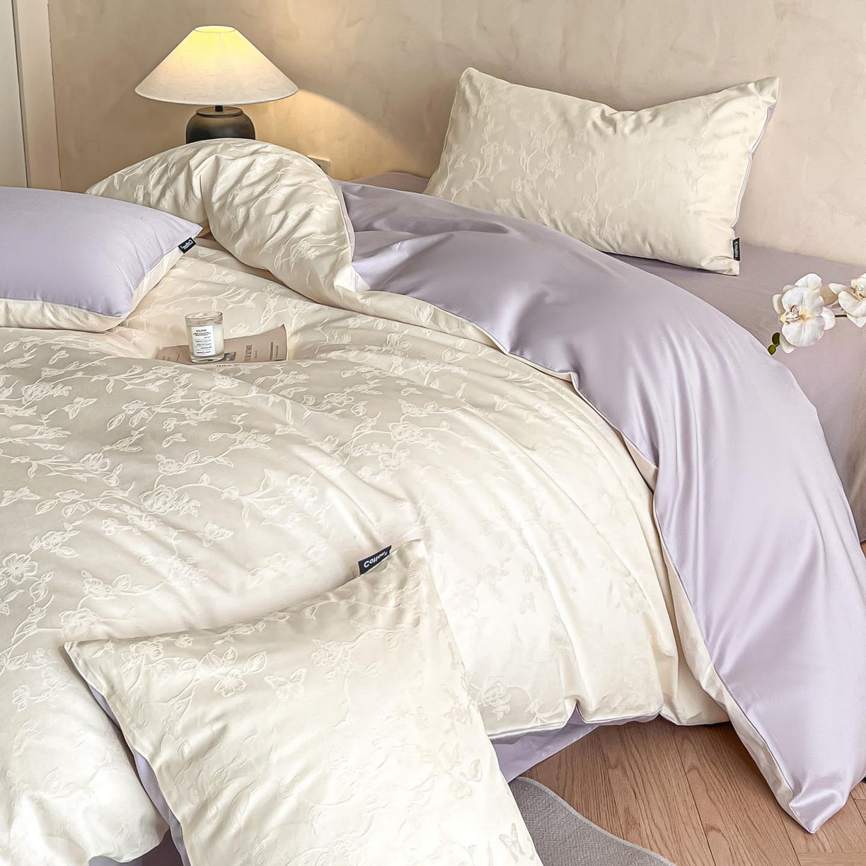 91家纺网 家纺一手货源 找家纺 涵宸家纺 2026新款全棉提花里拉系列四件套 毓影-奶白