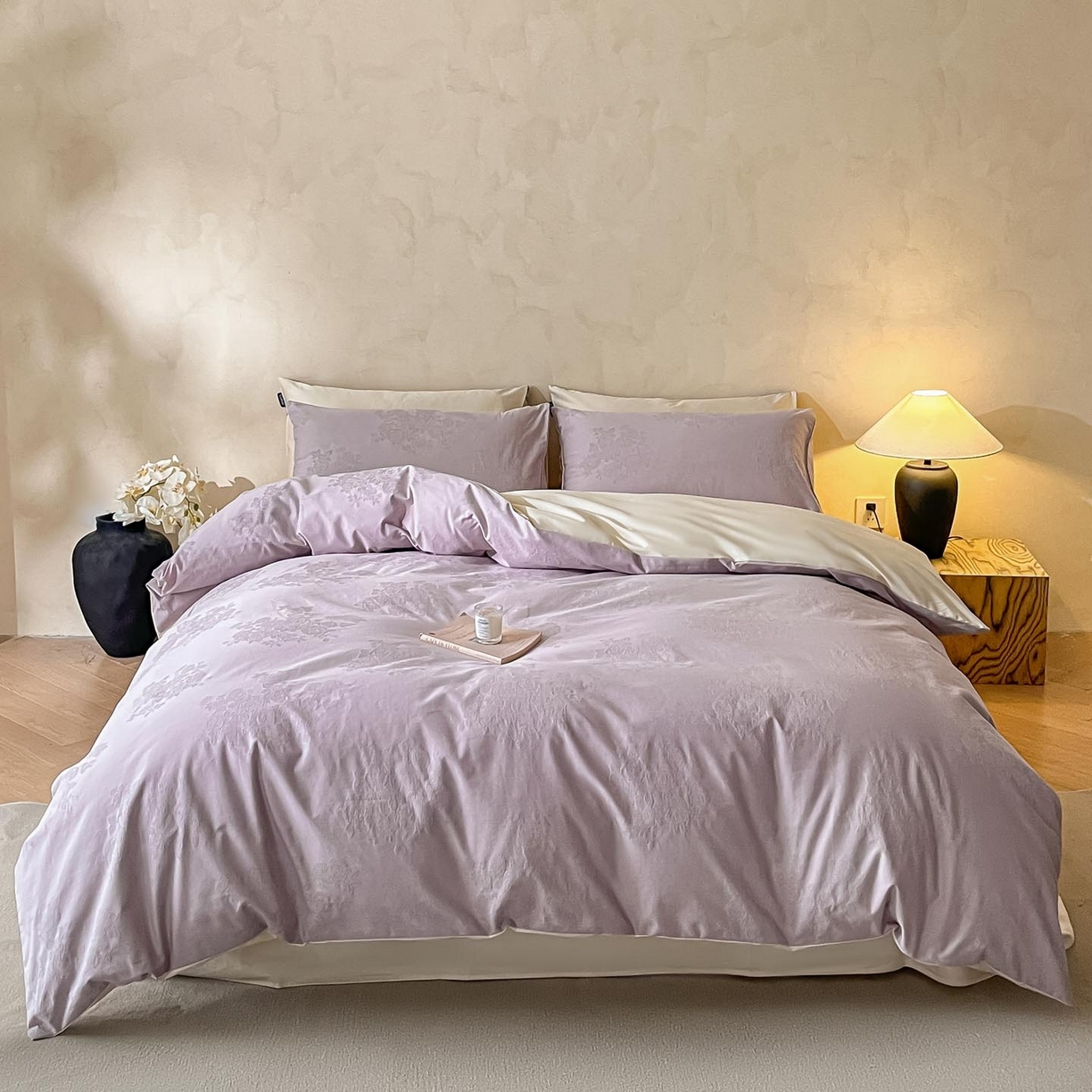 91家纺网 家纺一手货源 找家纺 涵宸家纺 2026新款全棉提花里拉系列四件套 云暖-紫