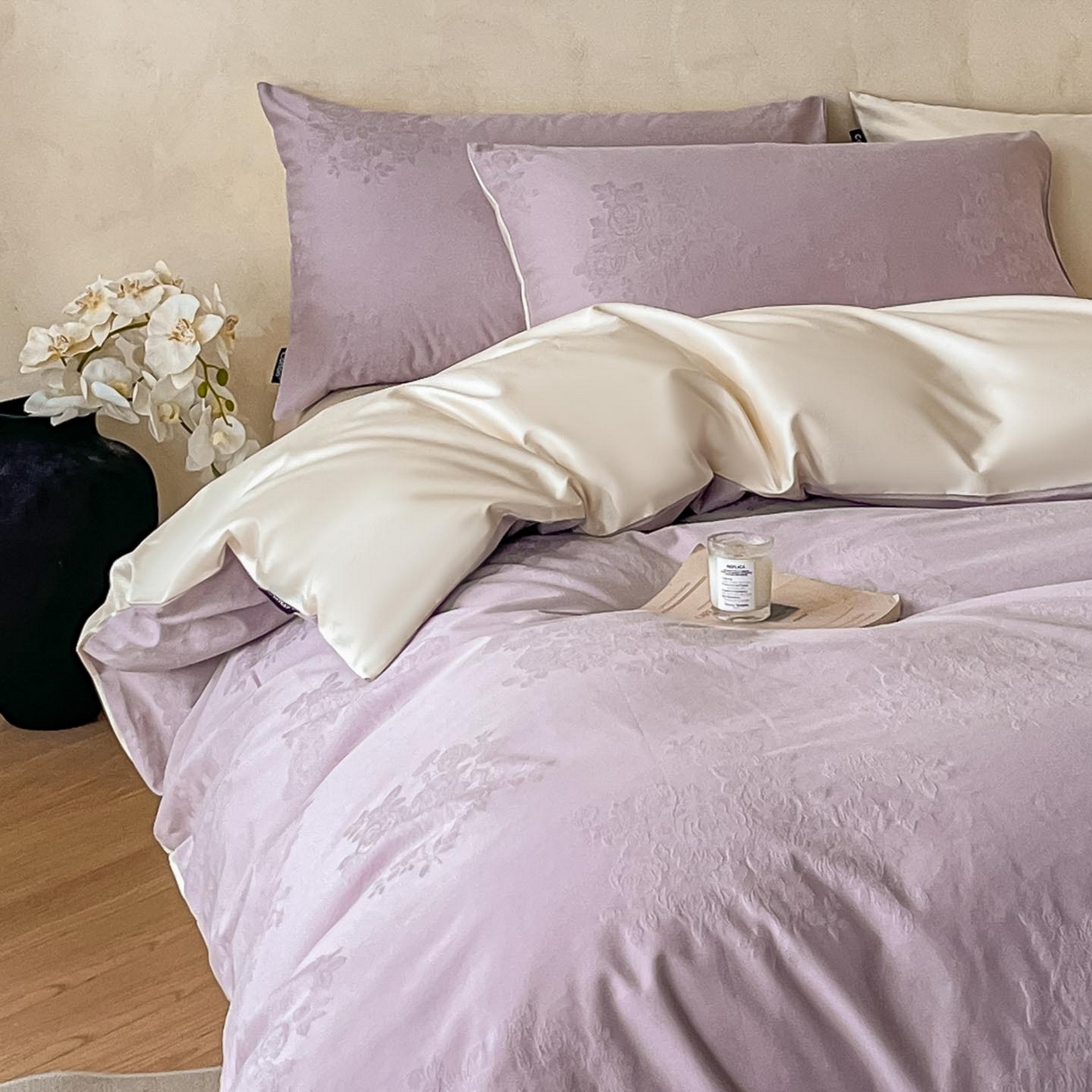 91家纺网 家纺一手货源 找家纺 涵宸家纺 2026新款全棉提花里拉系列四件套 云暖-紫