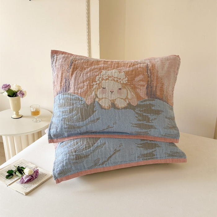 91家纺网 家纺一手货源 找家纺 朴尔家纺-毛巾被 2026新款全棉欣软系列定位四层加厚柔软纱布枕巾 粉兔酱