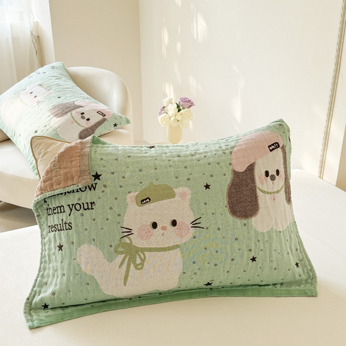 91家纺网 家纺一手货源 找家纺 朴尔家纺-毛巾被 2026新款全棉欣软系列定位四层加厚柔软纱布枕巾 薄荷味