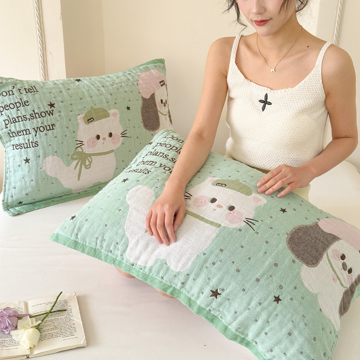 91家纺网 家纺一手货源 找家纺 朴尔家纺-毛巾被 2026新款全棉欣软系列定位四层加厚柔软纱布枕巾 薄荷味