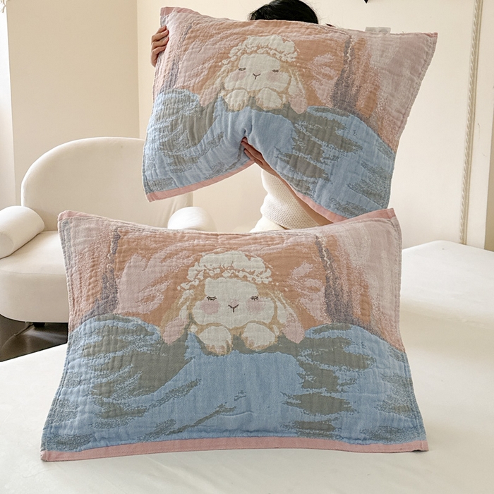 91家纺网 家纺一手货源 找家纺 朴尔家纺-毛巾被 2026新款全棉欣软系列定位四层加厚柔软纱布枕巾 粉兔酱