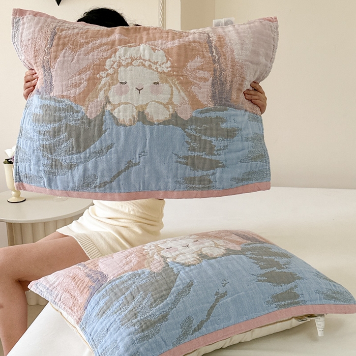 91家纺网 家纺一手货源 找家纺 朴尔家纺-毛巾被 2026新款全棉欣软系列定位四层加厚柔软纱布枕巾 粉兔酱