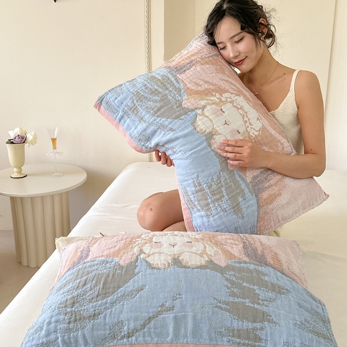 91家纺网 家纺一手货源 找家纺 朴尔家纺-毛巾被 2026新款全棉欣软系列定位四层加厚柔软纱布枕巾 粉兔酱