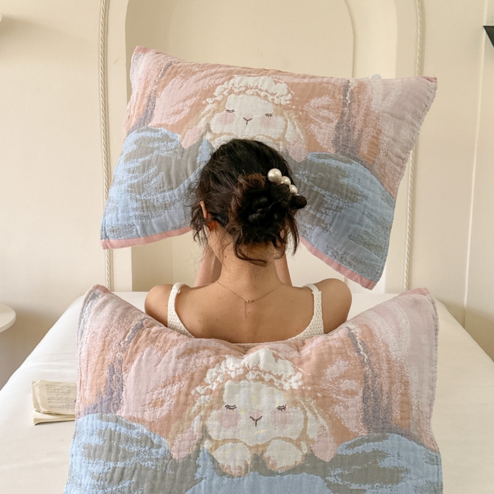 91家纺网 家纺一手货源 找家纺 朴尔家纺-毛巾被 2026新款全棉欣软系列定位四层加厚柔软纱布枕巾 粉兔酱