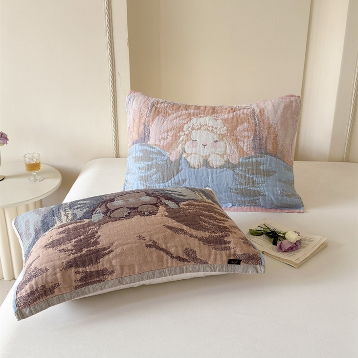 91家纺网 家纺一手货源 找家纺 朴尔家纺-毛巾被 2026新款全棉欣软系列定位四层加厚柔软纱布枕巾 粉兔酱