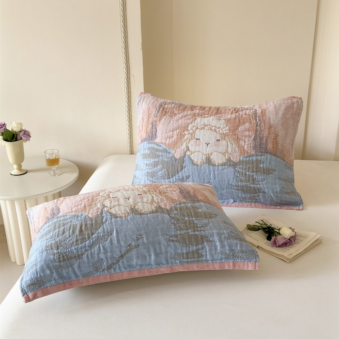 91家纺网 家纺一手货源 找家纺 朴尔家纺-毛巾被 2026新款全棉欣软系列定位四层加厚柔软纱布枕巾 粉兔酱