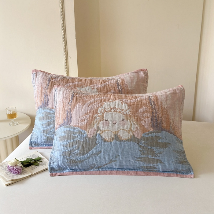 91家纺网 家纺一手货源 找家纺 朴尔家纺-毛巾被 2026新款全棉欣软系列定位四层加厚柔软纱布枕巾 粉兔酱