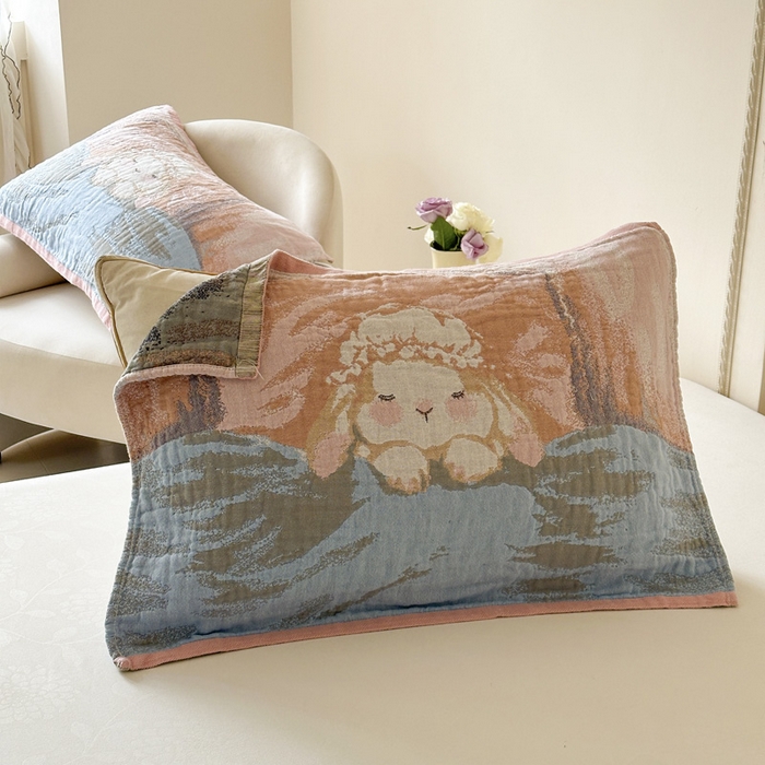 91家纺网 家纺一手货源 找家纺 朴尔家纺-毛巾被 2026新款全棉欣软系列定位四层加厚柔软纱布枕巾 粉兔酱