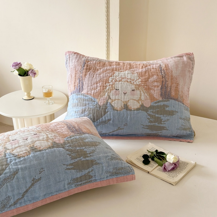 91家纺网 家纺一手货源 找家纺 朴尔家纺-毛巾被 2026新款全棉欣软系列定位四层加厚柔软纱布枕巾 粉兔酱