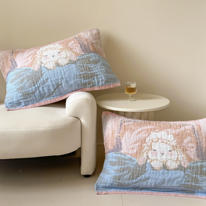 91家纺网 家纺一手货源 找家纺 朴尔家纺-毛巾被 2026新款全棉欣软系列定位四层加厚柔软纱布枕巾 粉兔酱