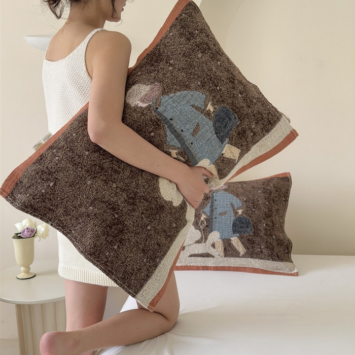 91家纺网 家纺一手货源 找家纺 朴尔家纺-毛巾被 2026新款全棉欣软系列定位四层加厚柔软纱布枕巾 贵贵狗