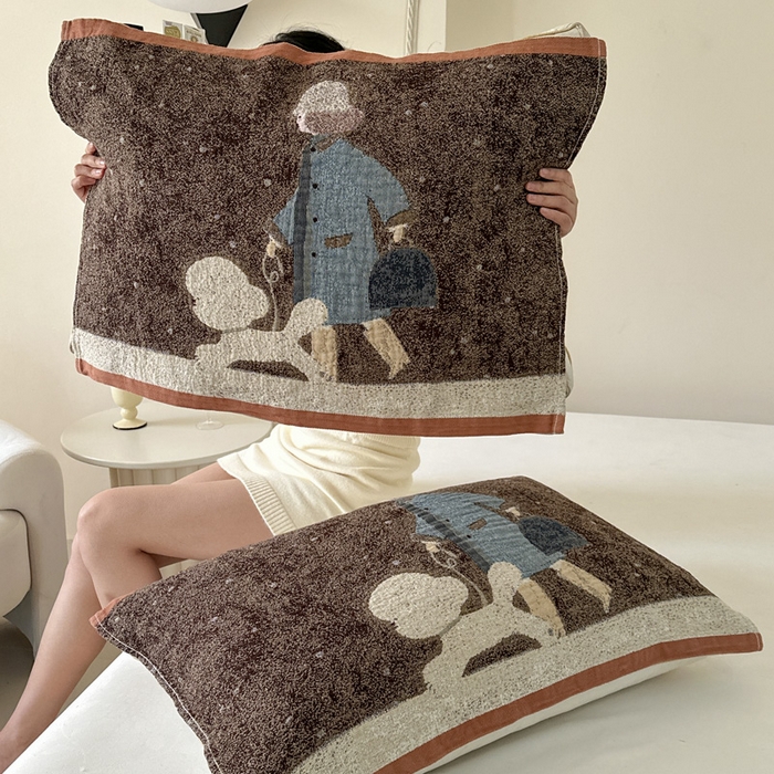 91家纺网 家纺一手货源 找家纺 朴尔家纺-毛巾被 2026新款全棉欣软系列定位四层加厚柔软纱布枕巾 贵贵狗