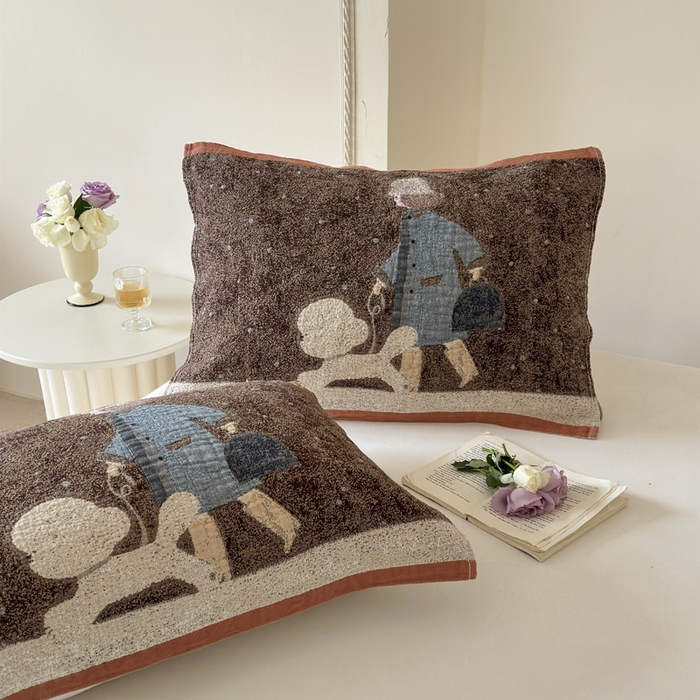 91家纺网 家纺一手货源 找家纺 朴尔家纺-毛巾被 2026新款全棉欣软系列定位四层加厚柔软纱布枕巾 贵贵狗