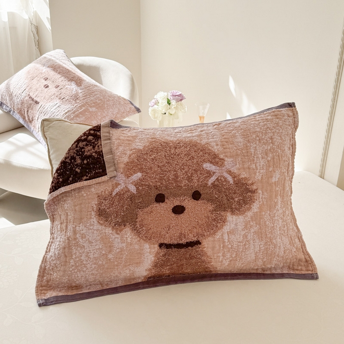 91家纺网 家纺一手货源 找家纺 朴尔家纺-毛巾被 2026新款全棉欣软系列定位四层加厚柔软纱布枕巾 可爱泰迪