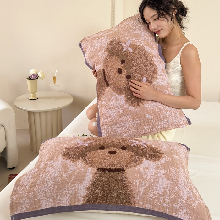 91家纺网 家纺一手货源 找家纺 朴尔家纺-毛巾被 2026新款全棉欣软系列定位四层加厚柔软纱布枕巾 可爱泰迪