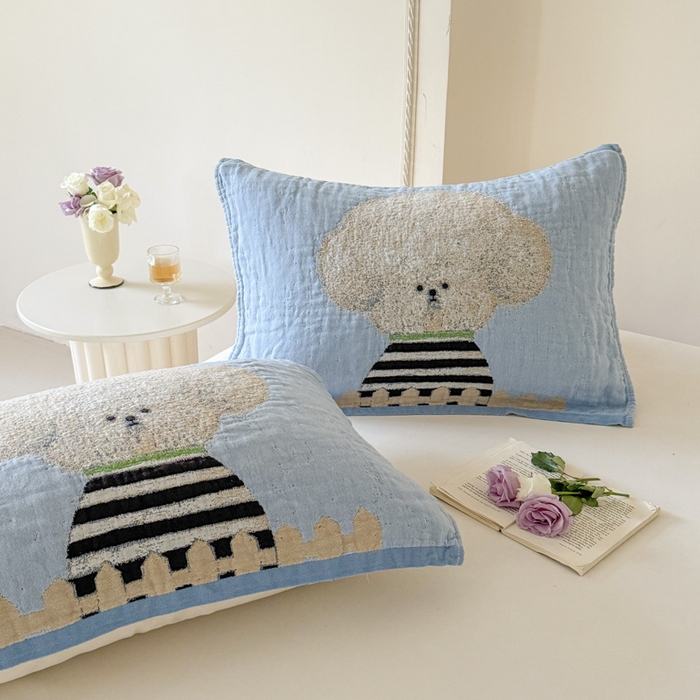 91家纺网 家纺一手货源 找家纺 朴尔家纺-毛巾被 2026新款全棉欣软系列定位四层加厚柔软纱布枕巾 趣味汪