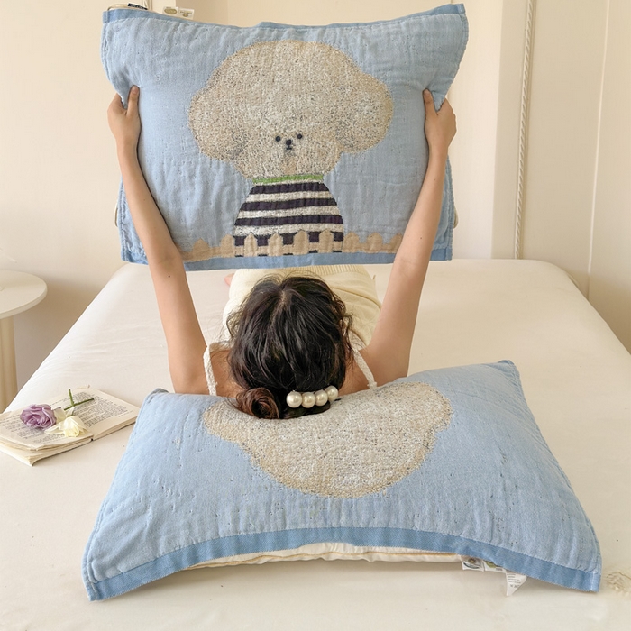 91家纺网 家纺一手货源 找家纺 朴尔家纺-毛巾被 2026新款全棉欣软系列定位四层加厚柔软纱布枕巾 趣味汪