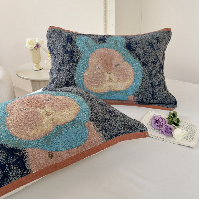 91家纺网 家纺一手货源 找家纺 朴尔家纺-毛巾被 2026新款全棉欣软系列定位四层加厚柔软纱布枕巾 涂鸦兔