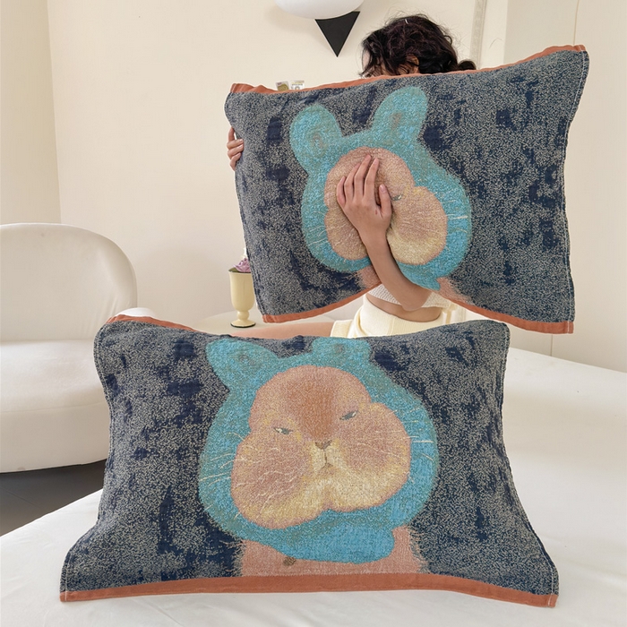 91家纺网 家纺一手货源 找家纺 朴尔家纺-毛巾被 2026新款全棉欣软系列定位四层加厚柔软纱布枕巾 涂鸦兔