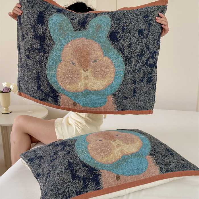 91家纺网 家纺一手货源 找家纺 朴尔家纺-毛巾被 2026新款全棉欣软系列定位四层加厚柔软纱布枕巾 涂鸦兔