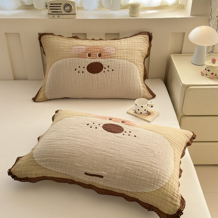 91家纺网 家纺一手货源 找家纺 （总）朴尔家纺-毛巾被 2026新款皱皱纱卡通大版花边全棉四层纱布枕巾