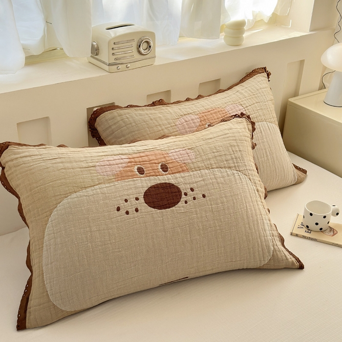 91家纺网 家纺一手货源 找家纺 （总）朴尔家纺-毛巾被 2026新款皱皱纱卡通大版花边全棉四层纱布枕巾