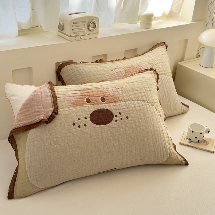 91家纺网 家纺一手货源 找家纺 （总）朴尔家纺-毛巾被 2026新款皱皱纱卡通大版花边全棉四层纱布枕巾