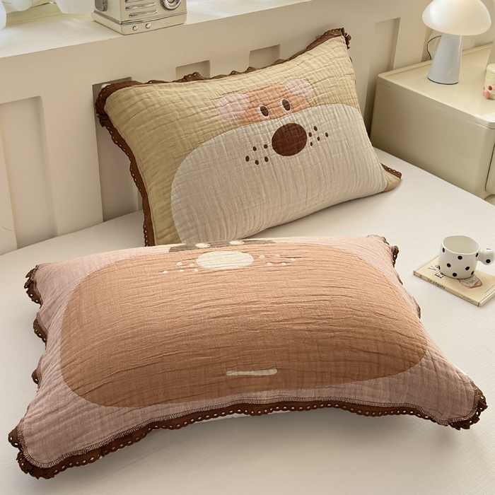 91家纺网 家纺一手货源 找家纺 （总）朴尔家纺-毛巾被 2026新款皱皱纱卡通大版花边全棉四层纱布枕巾