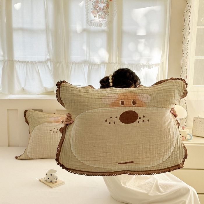 91家纺网 家纺一手货源 找家纺 朴尔家纺-毛巾被 2026新款皱皱纱卡通大版花边全棉四层纱布枕巾 嘟嘟狗