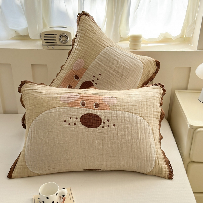 91家纺网 家纺一手货源 找家纺 朴尔家纺-毛巾被 2026新款皱皱纱卡通大版花边全棉四层纱布枕巾 嘟嘟狗