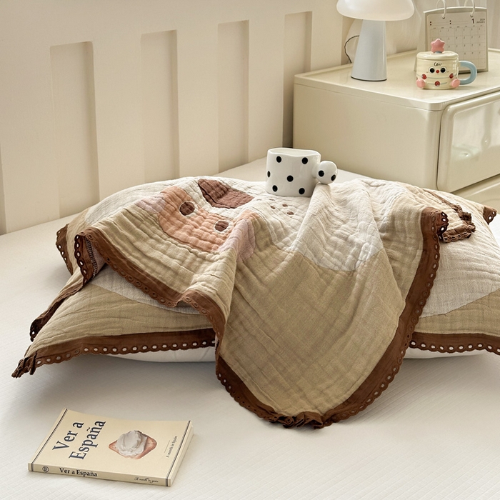 91家纺网 家纺一手货源 找家纺 朴尔家纺-毛巾被 2026新款皱皱纱卡通大版花边全棉四层纱布枕巾 嘟嘟狗